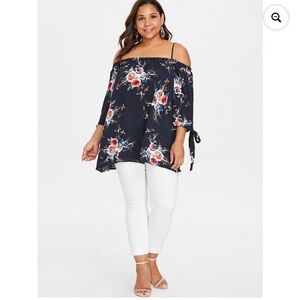 NEW Navy Floral Off Shoulder Blouse Plus Size 3/4 Sleeve Tie Detail Tunic Top